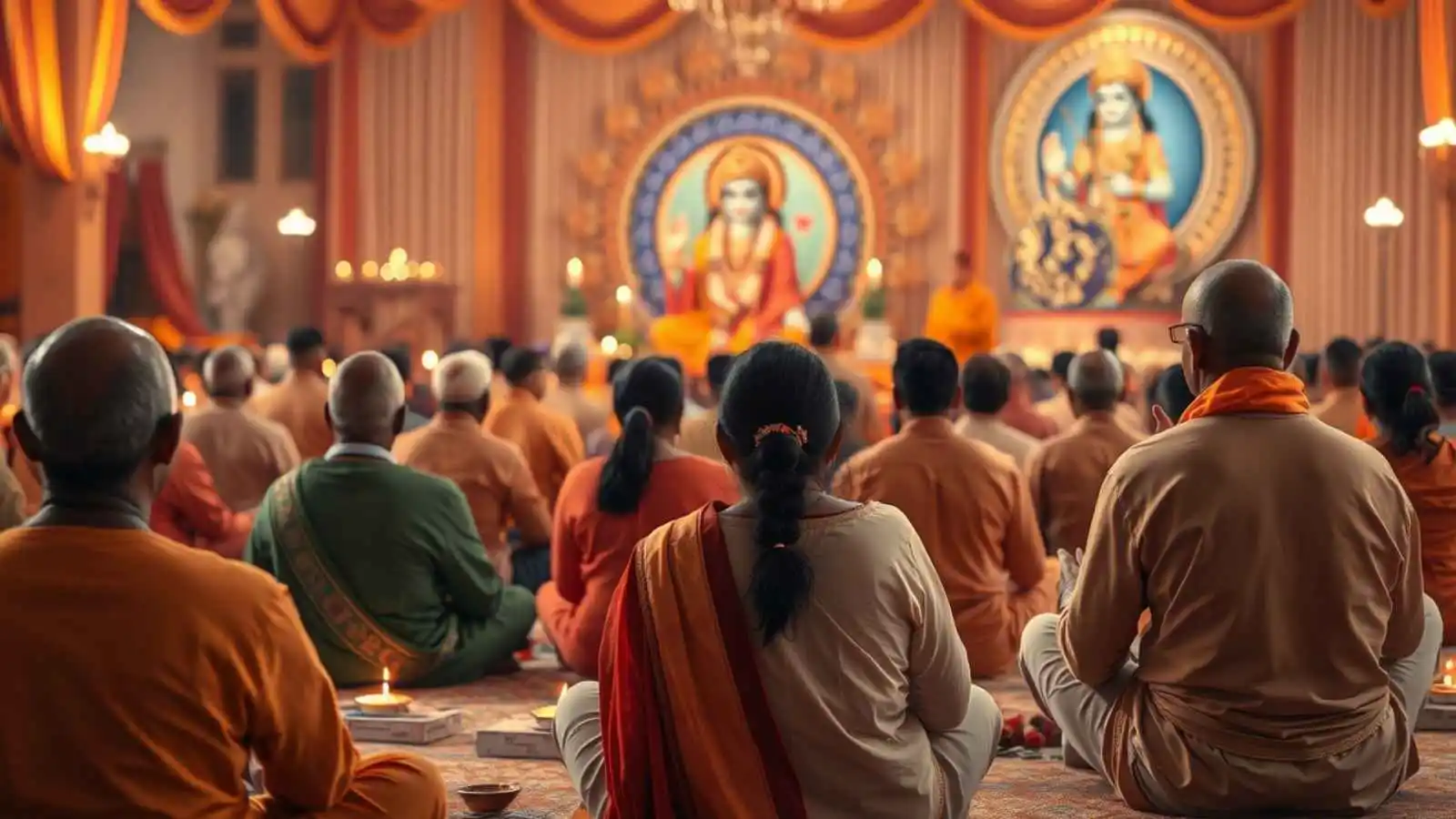 Devotees in Aniruddhacharya Ji Ki Katha Bhajan Session Devotees listening to Aniruddhacharya Ji’s Bhagwat Bhajan with folded hands
