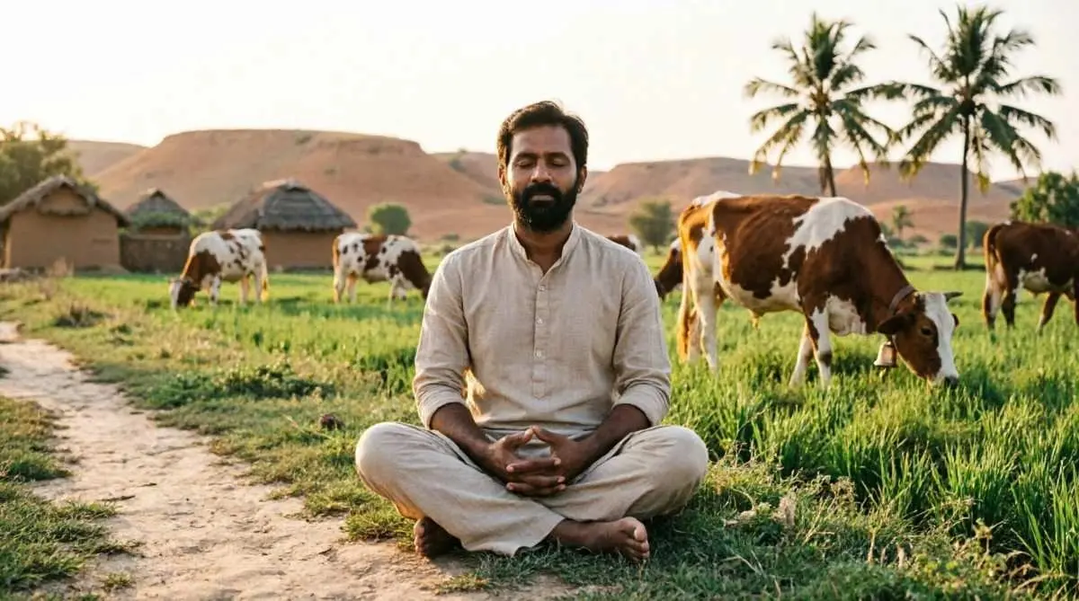 गौ माता सेवा के लाभ — शांत वातावरण में गाय की देखभाल