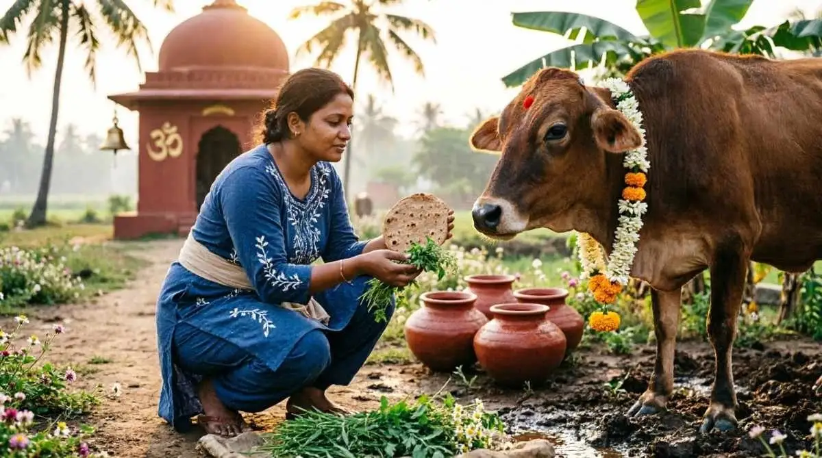 हिंदू धर्म में गौ सेवा का महत्व — व्यक्ति द्वारा गौ माता को भोजन देते हुए
